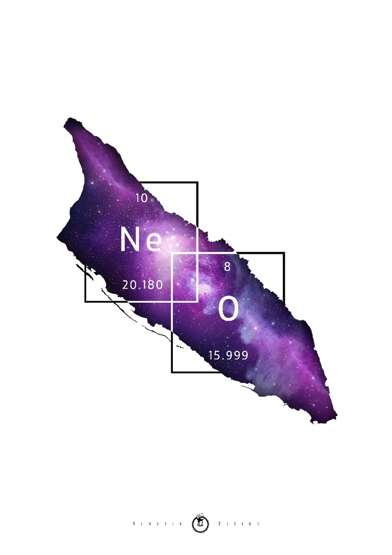A torn strip of purple nebula carrying the periodic table tiles for neon and oxygen