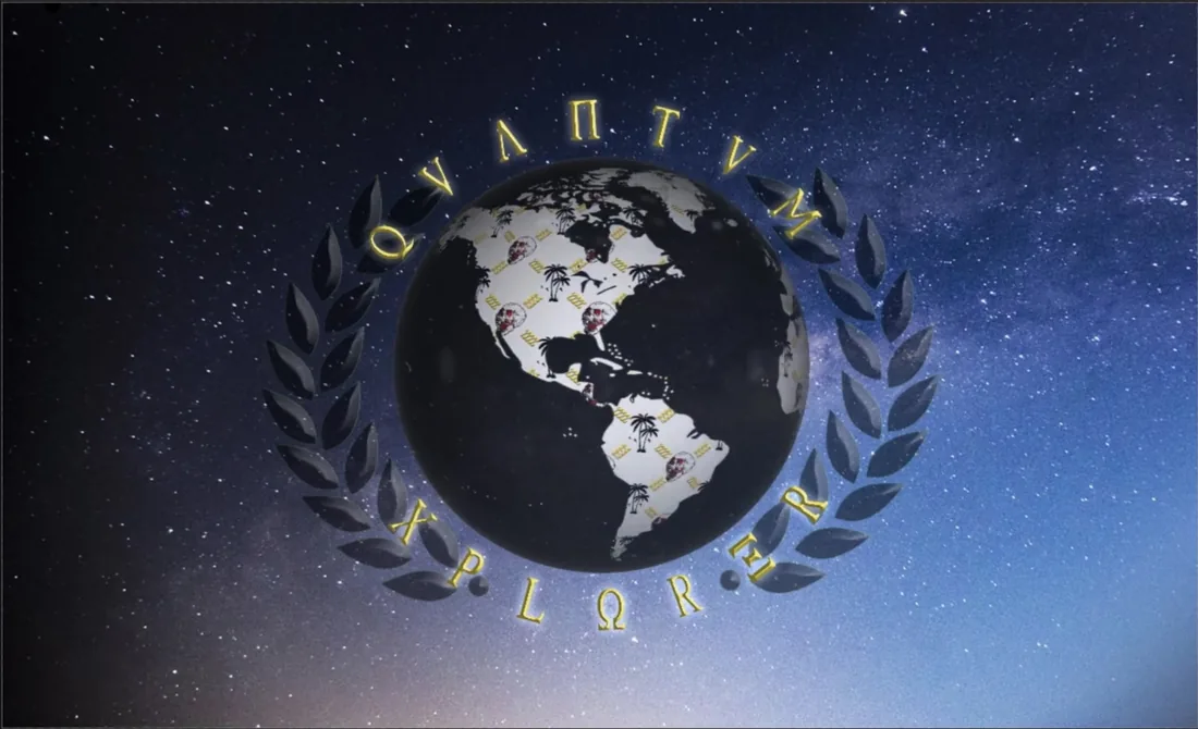 The original Quantum Explorer emblem: a dark globe inside a laurel wreath with gold lettering, set against the night sky